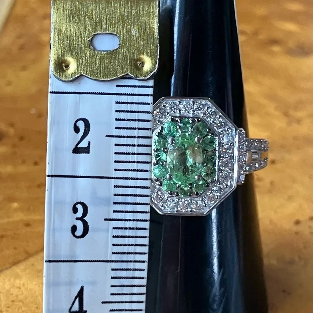 Natural Tsavorite Garnet Moissanite Sterling Silver Ring Size 8